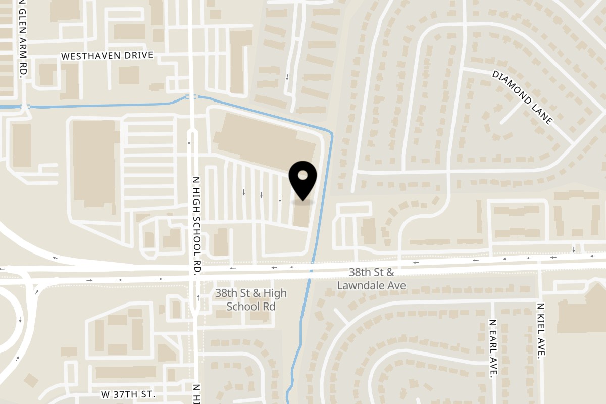 Map showing the location of Fat Man's BBQ on 3837 N High School Rd #7 in Indianapolis